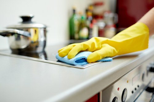 Cleaner maintaining desks and shared office surfaces in E2